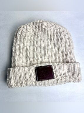 Love Your Melon Cream Ribbed Knit Beanie with Leather Patch